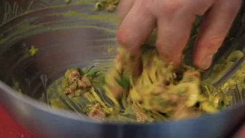 The chef put his hand in the kitchen with preparing carpaccio Stock Footage 83587523