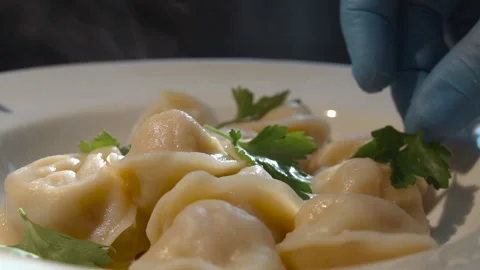 The chef puts the dumplings on a plate and decorates with parsley Stock Footage 158021607