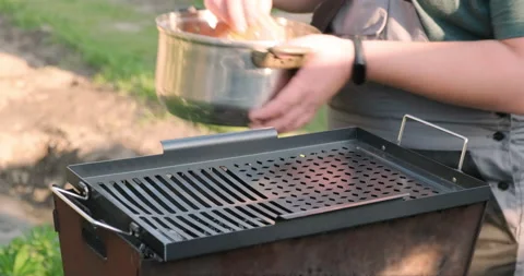 Chef Puts Marinated Entrecotes Pork on BBQ, Grilled Pork, Making Meat Steak Stock Footage 130321623