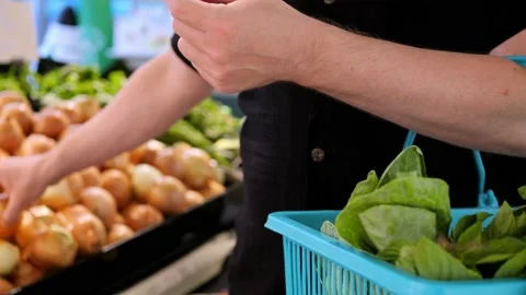 A chef puts onions in a basket to prepare gourmet and healthy meals in his Stock Footage 228555714