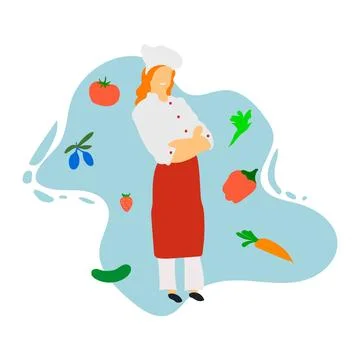 Chef in restaurant kitchen cooking. Cute cook in uniform preparing food in Stock Illustration