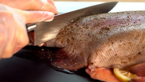 Chef in a restaurant slicing through a raw fish Stock-Footage 105135893
