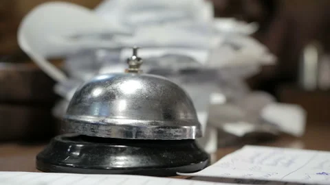 Chef ringing the bell and calls a waiter in restaurant Stock Footage 108828862