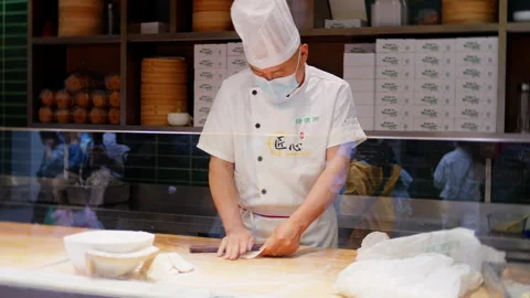 Chef Rolling Dough Pastry Wrapper Kitchen Chinese Glass in Shanghai, China Stock Footage 336773585