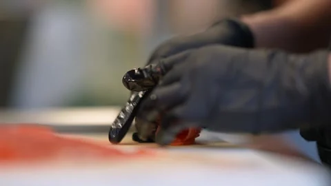 Chef rolling a slice of salmon filet Stock Footage 256080095