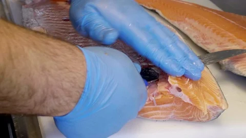 Chef run knife along back bone of fish 스톡 동영상 86342739