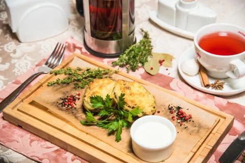 Chef s specialty presented in restaurant on served table Stock Photos