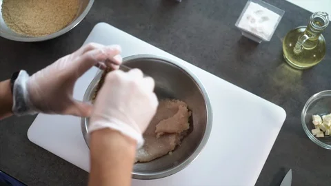 Chef salt and pepper fish, minced meat or meat. Pike cutlets. Meat cutlets. Stock Footage 126444107