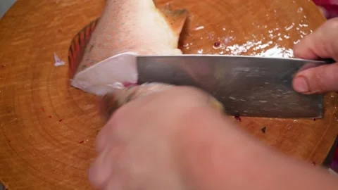 Chef Scaling Fresh Red Fish on Wooden Cutting Board Stock Footage 344231478