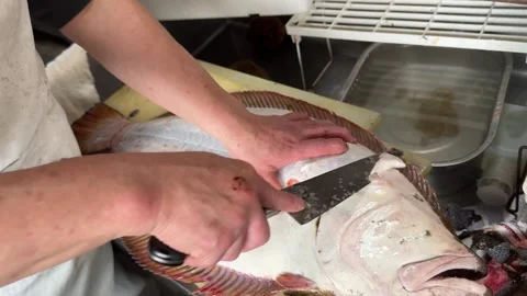 Chef scraping the scales off a fresh flounder with a knife on a cutting board Stock-Footage 337399855