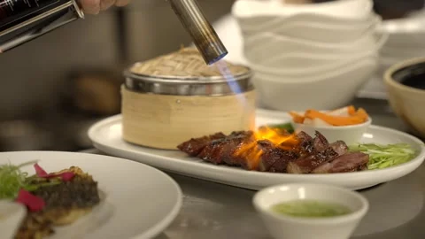Chef Searing Sliced Meat with Culinary Blowtorch on Restaurant Plate Stock Footage 346676837