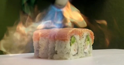 Chef searing sushi close-up in slow motion Stock Footage 285435667
