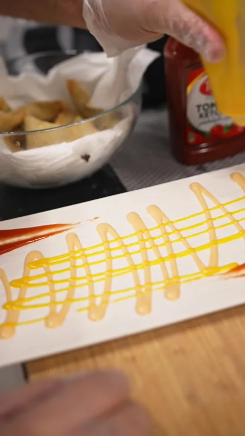 The chef serves and decorates the finished food on plates Stock Footage 309376440