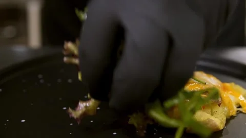 Chef serves beef steak. Slow motion. Video stock 303745073