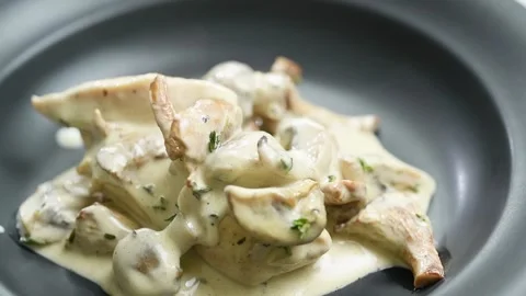 The chef serves chicken with mushrooms. Stock-Footage 169799530