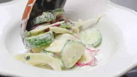 Chef serves a cucumber, radish and fennel spring salad. Stock Footage 151195341