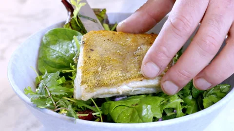 The chef serves a portion with salad and white fish. Fried zander and salad. Stock Footage 273983313