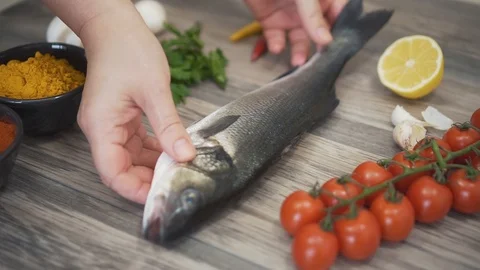 Chef serves raw fish on the table Stock Footage 96030076