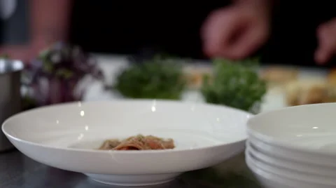 Chef serving cooked meat on plate at kitchen. Stock Footage 64117349