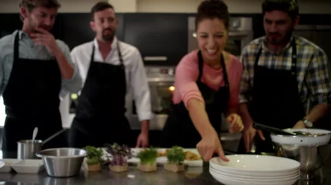 Chef serving food on plate at kitchen. Stock Footage 64116842