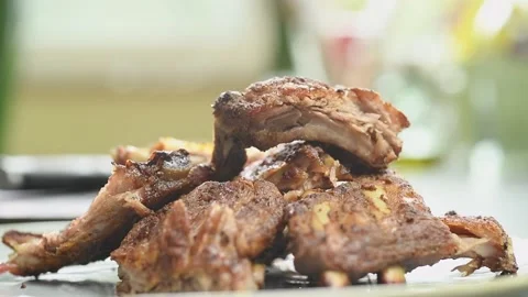 The chef serving roasted pork ribs. Stock Footage 168146463
