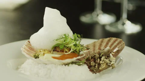 Chef Serving Shellfish with Foam in Luxury Restaurant. 4K Video stock 29010689