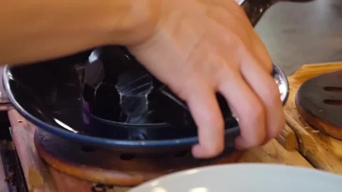 Chef shaping a dome of cooked white rice on a plate Stock-Footage 347688664
