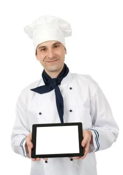 Chef showing a tablet pc with blank screen Stock Photos