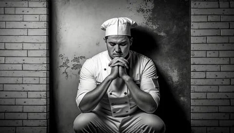 The chef sits against the wall with folded hands Illustrazione stock