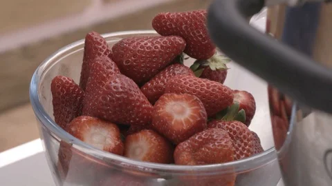 Chef slice fresh strawberry Stock Footage 93846717