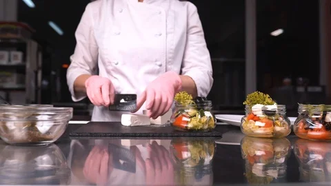 Chef slices cheese for salad, 4K 스톡 동영상 124166341