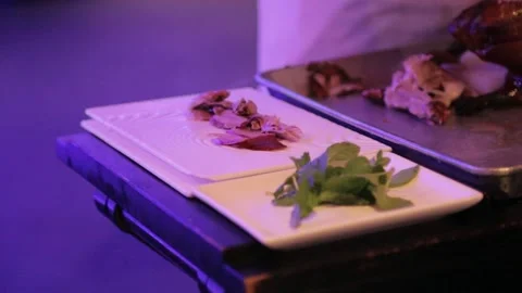 Chef Slicing and Plating Cooked Meat with Herbs in Beijing Restaurant Kitchen Stock Footage 345744140