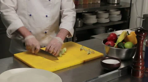 Chef slicing an apple finely, medium shot Stock Footage 66075728