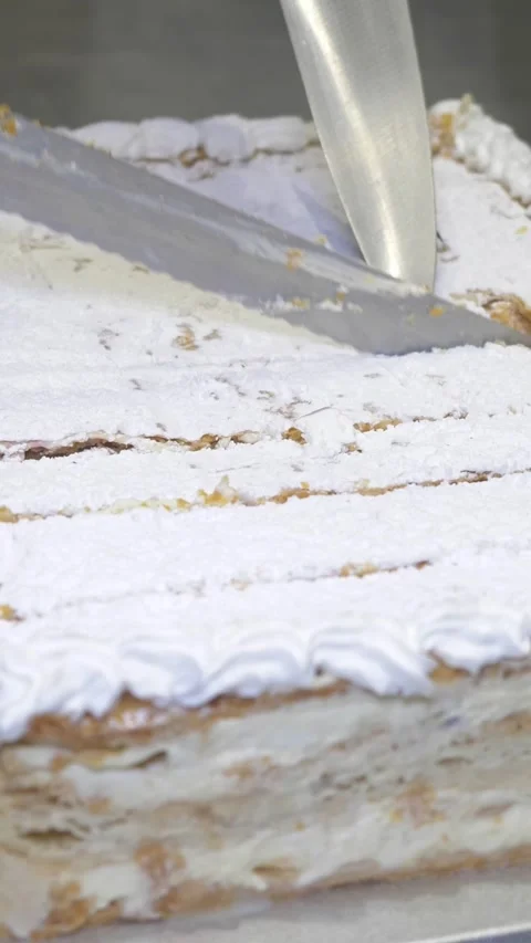 Chef Slicing the Celebration Cake for Guests at the Party Event Stock Footage 336793819