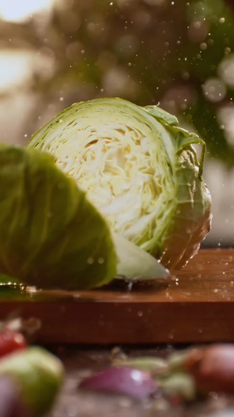 Chef slicing fresh green cabbage on wooden board with water splashes in cin.. Stock Footage 337542976