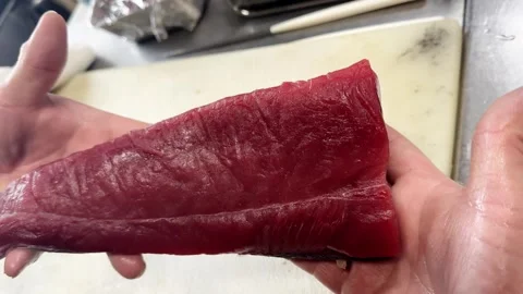 Chef Slicing Fresh Raw Tuna By Hand, Traditional Japanese Cuisine, Japan Stock Footage 339761591