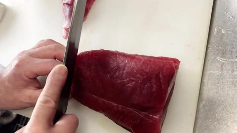 Chef Slicing Thin Tuna Sashimi With Knife, Traditional Japanese Cuisine, Japan Stock Footage 339761581
