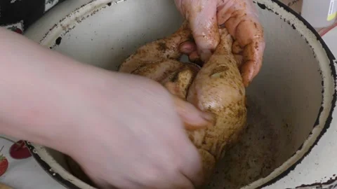 The chef smears the chicken with spices Stock Footage 165495320