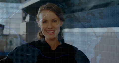Chef smiling while camera revealing and activating bar charts rising, showing Stock Footage 331614875