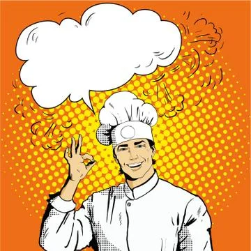 Chef with speech bubble shows OK sign. Vector illustration in retro comic pop Stock Illustration