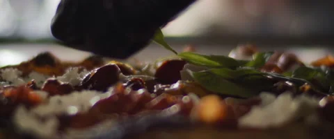Chef spreading basil leaves over a ready burrata al taglio pizza. Close up, s Stock Footage 146606320