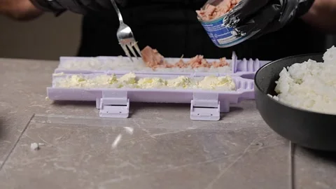 Chef spreading rice on nori sheet using sushi machine Vidéo 289540684
