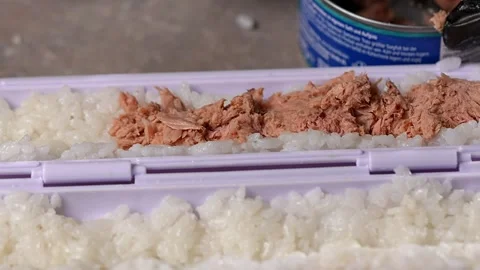 Chef spreading rice on nori sheet using sushi machine Vidéo 289613096