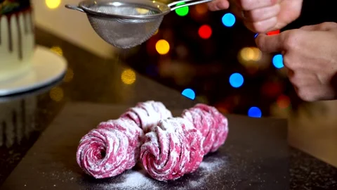 .Chef sprinkling with powdered sugar. Stock Footage 145332870