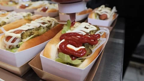 Chef Squeezing Ketchup onto a Gourmet Hot Dog in a Professional Kitchen Stock Footage 331955997