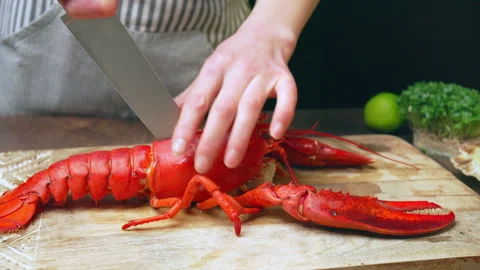 A chef stabbing with a knife cooked red lobster and cut in half in 4K. Video stock 146343334