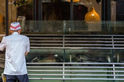 Chef standing outside restaurant serving seafood Stock Photos