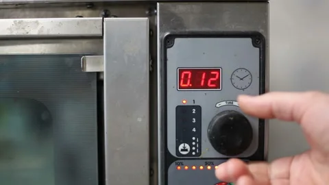 Chef starts the timer on combi-steamer. Professional kitchen.Cook turns oven Stock Footage 322176908
