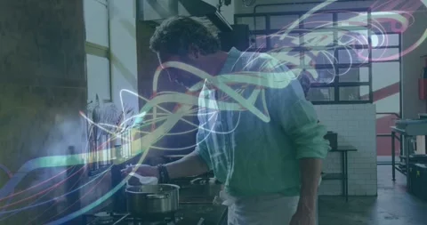 Chef stirring pot, light ribbons rising at counter weaving, evoking scent, Stock Footage 333905003