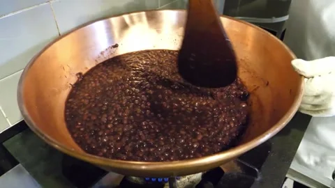 Chef Stirring Sweet Red Bean Paste (Anko) in Copper Pot Japanese Wagashi Cooking Stock-Footage 345291426